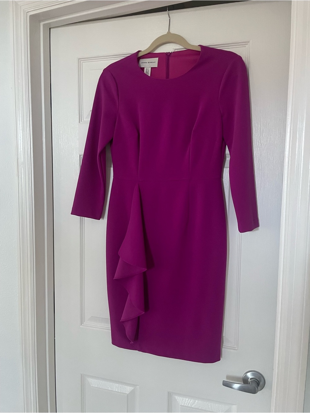 Donna Morgan Fuchsia Long-Sleeve Sheath Dress with Front Ruffle